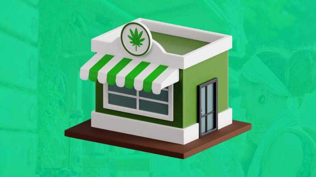 3D cartoon-style illustration of a green and white cannabis dispensary building with a striped awning and a cannabis leaf symbol.